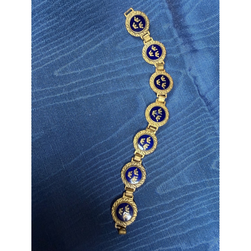 Vintage Swedish Three Crowns Tre Kronor Blue Enamel Gold Tone Link Bracelet